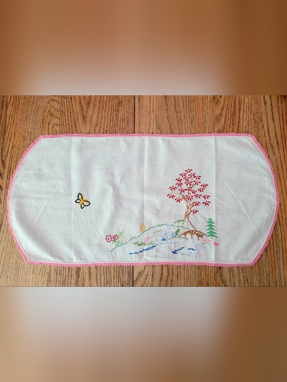 Vintage Hand-Embroidered Dresser Scarf Or Table Runner with Pink Trim